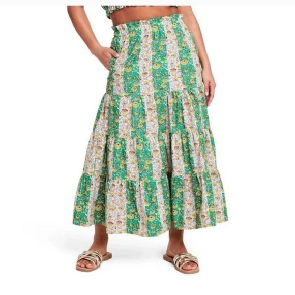 RHODE Dresses & Skirts - NWT RHODE Whimsical Green/ Yellow Floral & Stripe Print Ruffled Midi Skirt Sz XL